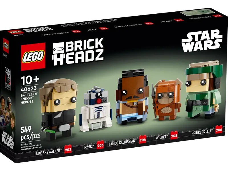 The Battle of Endor Heroes box, with the five models on the cover: Luke Skywalker (202), R2-D2 (203), Lando Calrissian (204), Wicket (205) and Princess Leia (206)